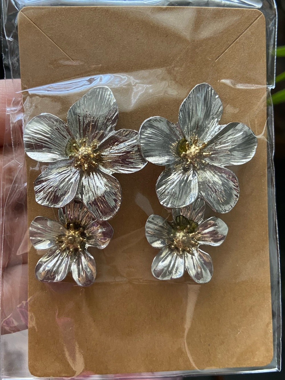 Double Floral Drop Earrings in Silver with Gold Centers